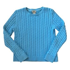 LL Bean Women's XS Sky Blue 100% Cotton Cable Knit Fisherman Crewneck Sweater